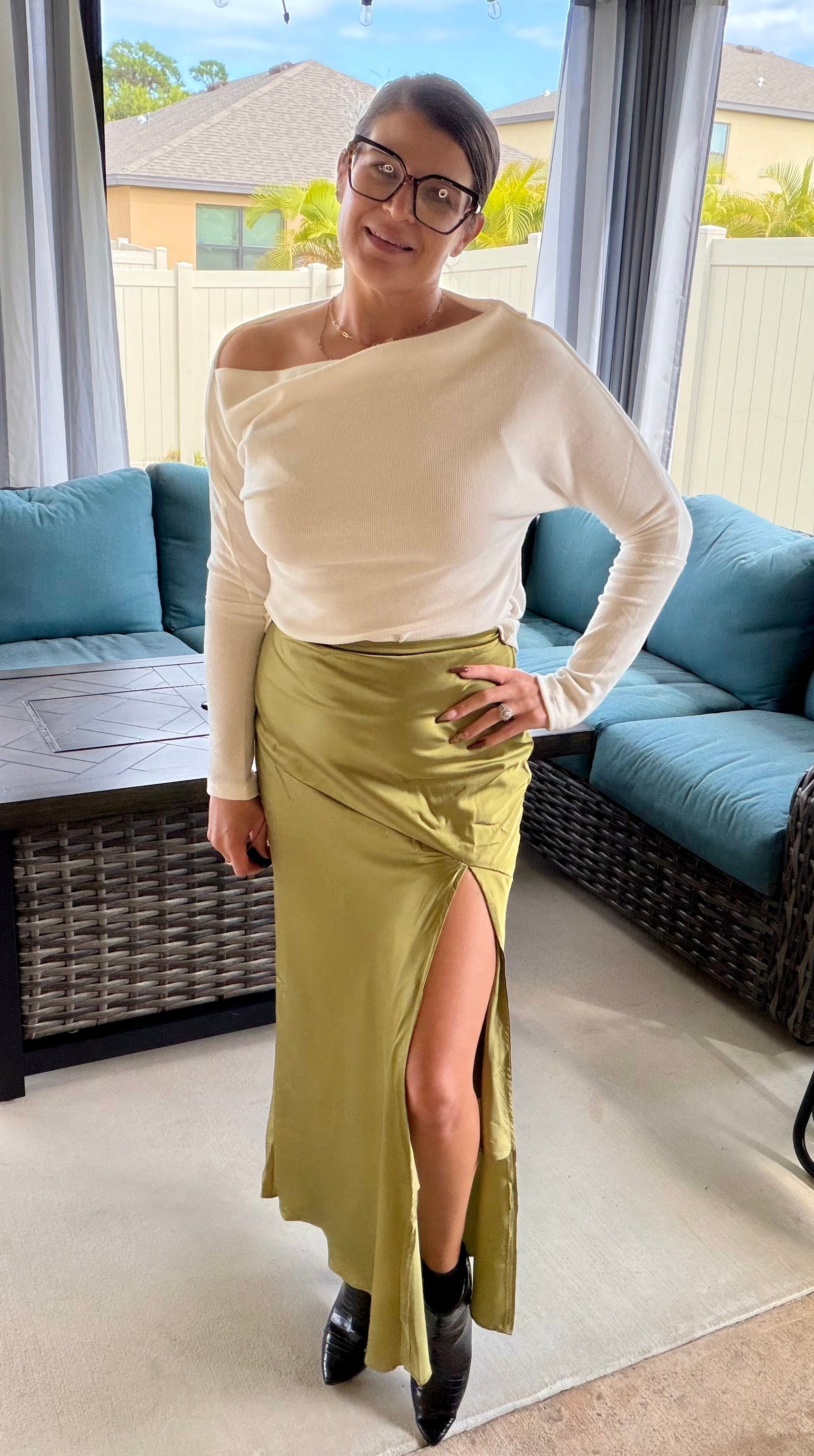 SALLY SATIN ASYMMETRICAL SIDE SLIT MIDI SKIRT