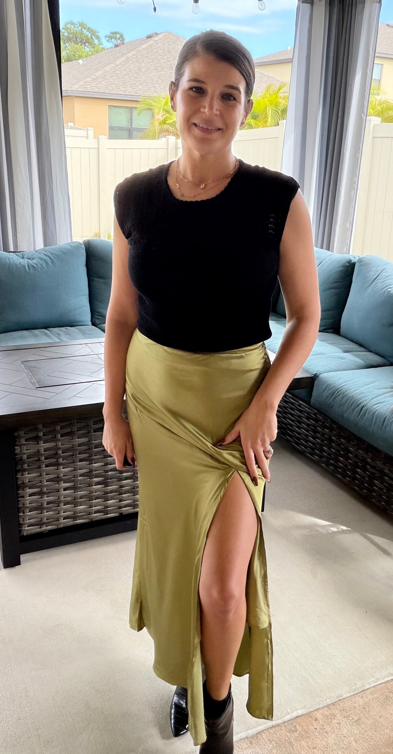 SALLY SATIN ASYMMETRICAL SIDE SLIT MIDI SKIRT