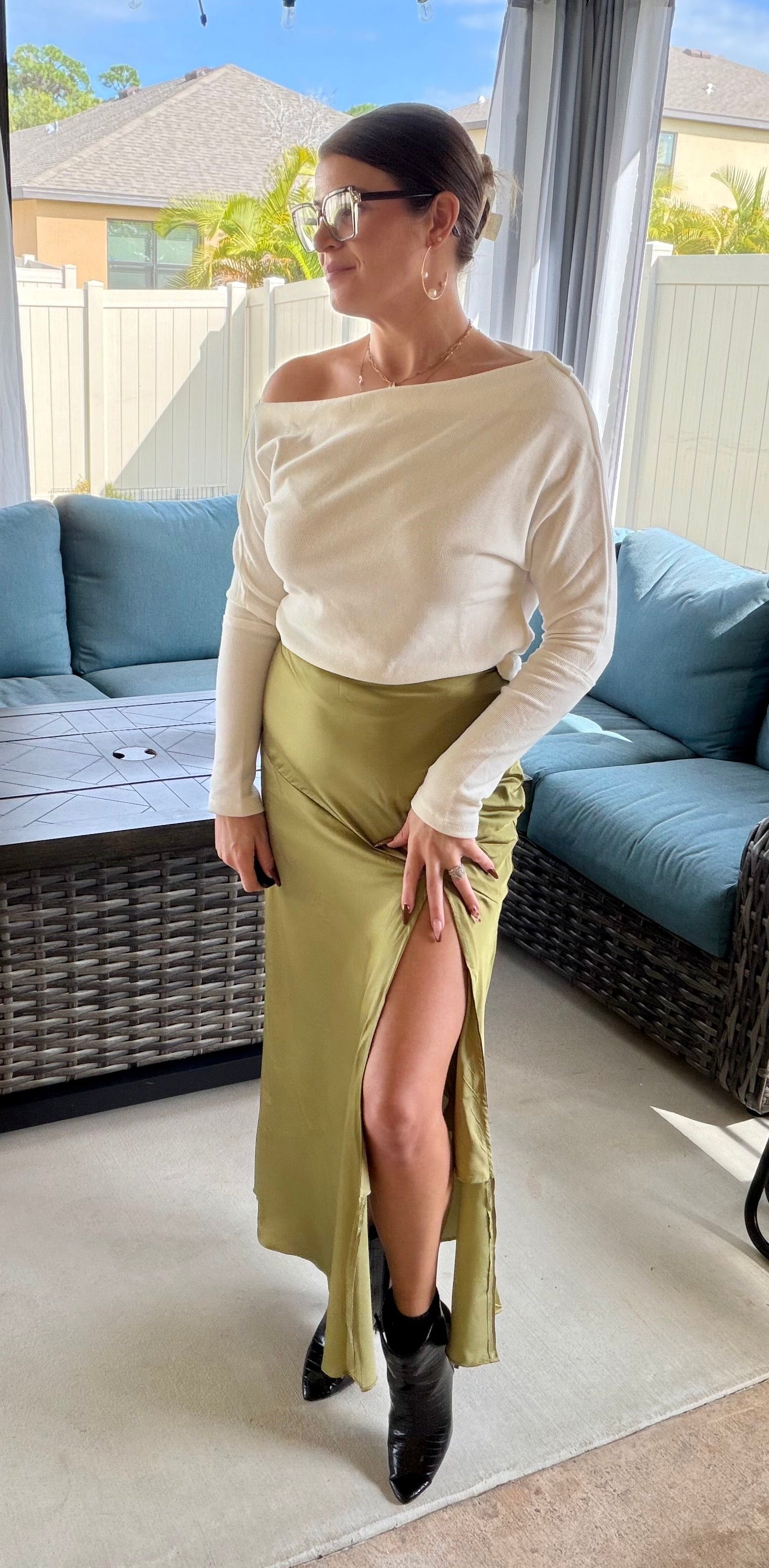 SALLY SATIN ASYMMETRICAL SIDE SLIT MIDI SKIRT