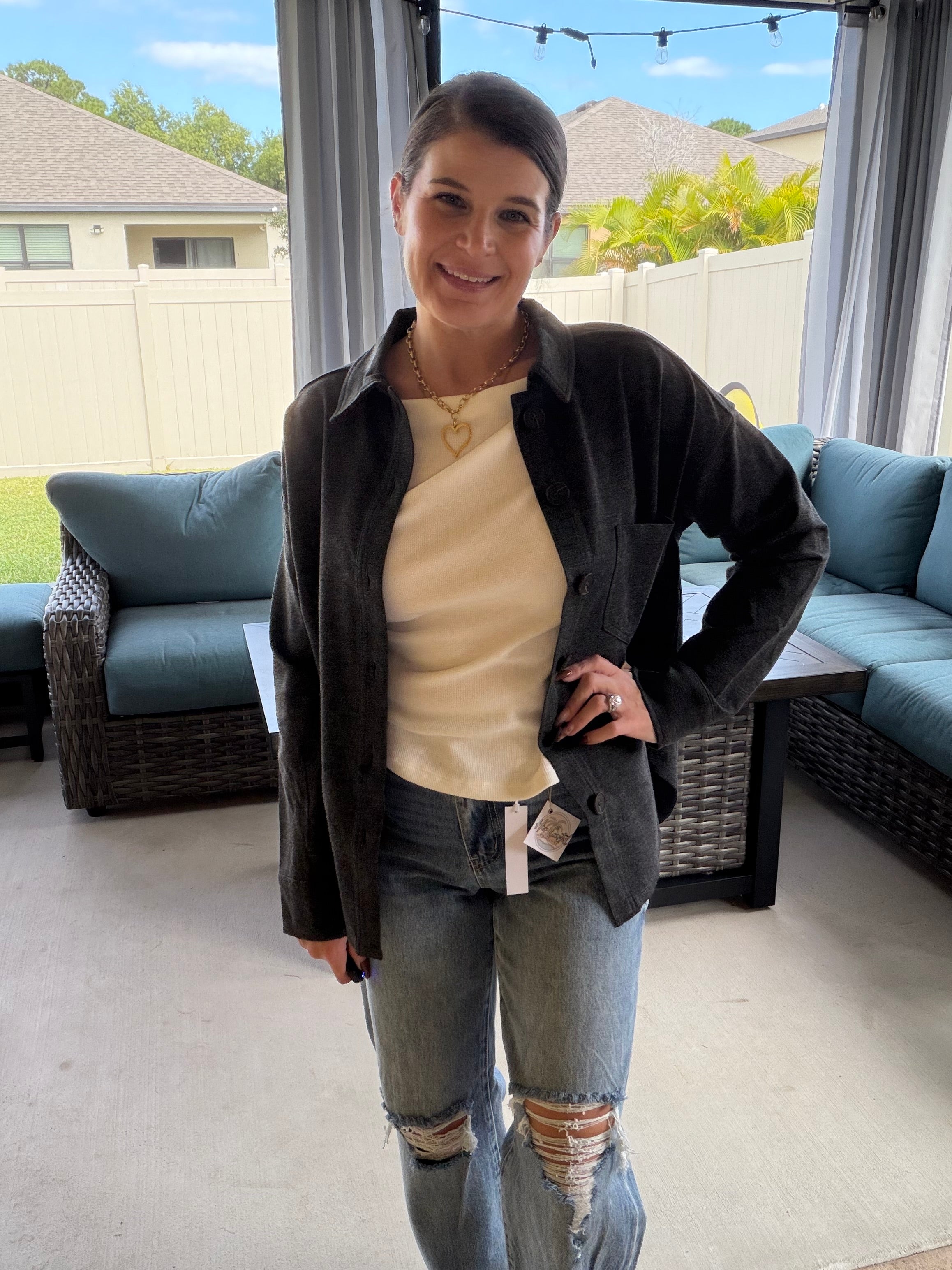 STEPHANIE SOLID COLLARED LONG SLEEVE BUTTON DOWN SHACKET