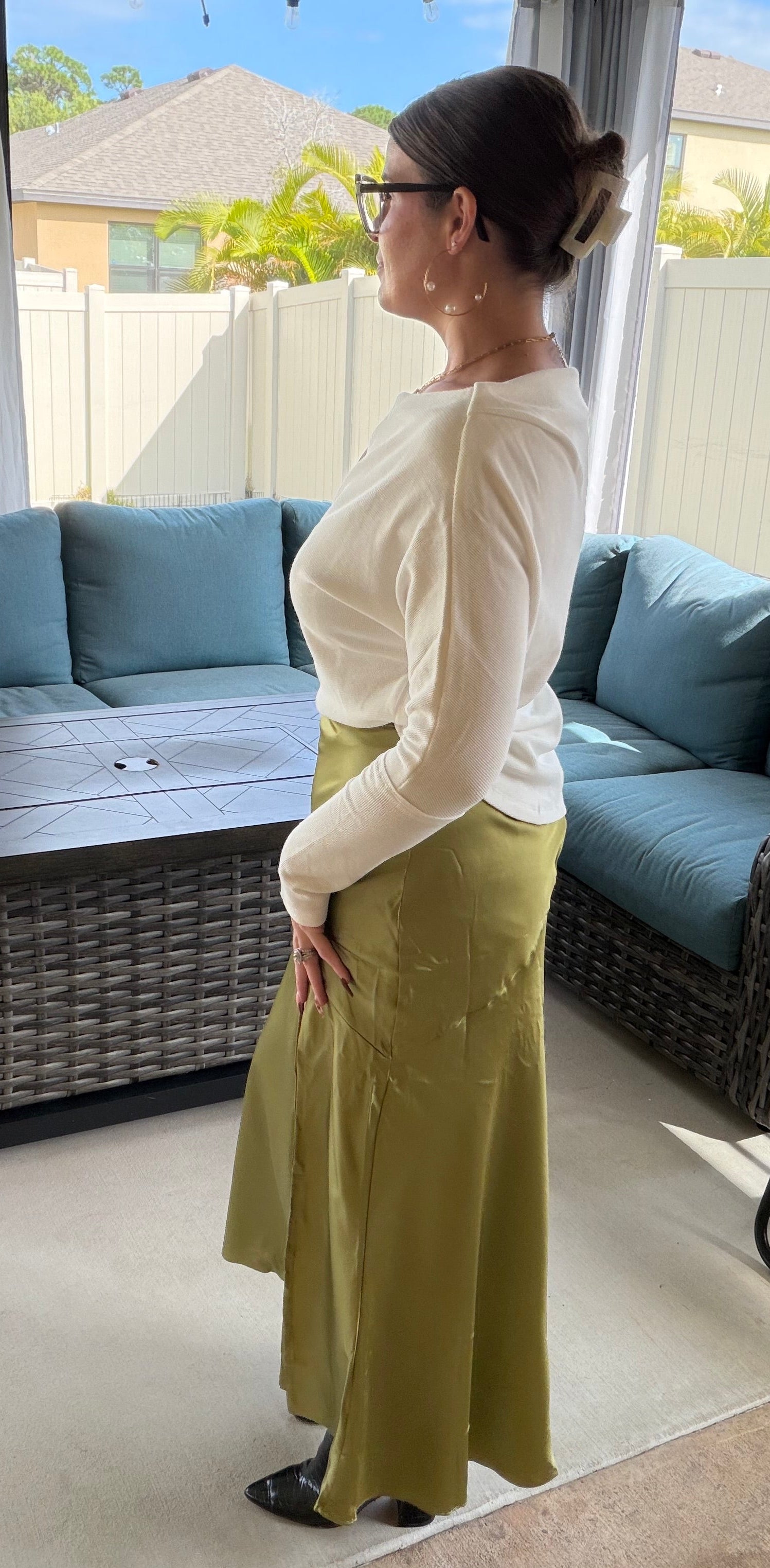 SALLY SATIN ASYMMETRICAL SIDE SLIT MIDI SKIRT