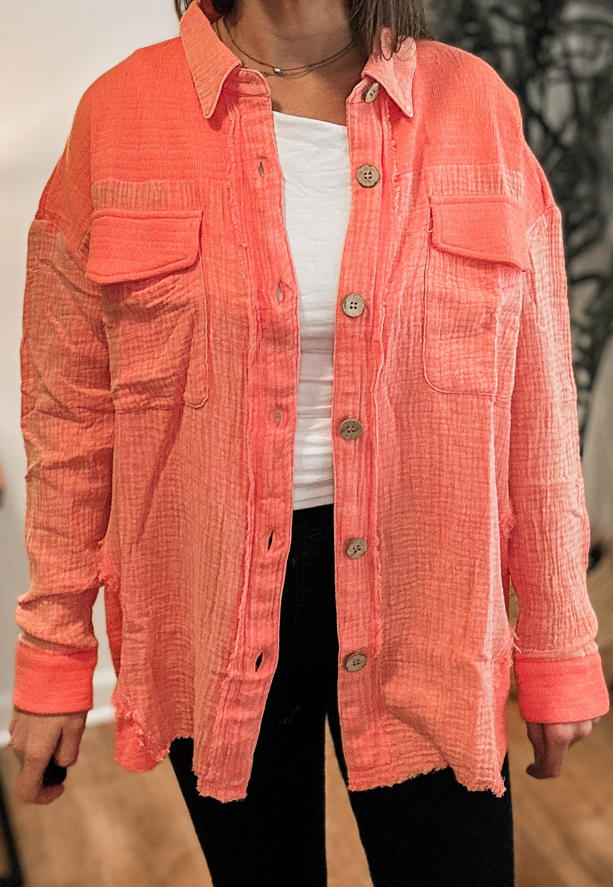 Coral Mineral Washed Oversized Gauze Shacket Jacket