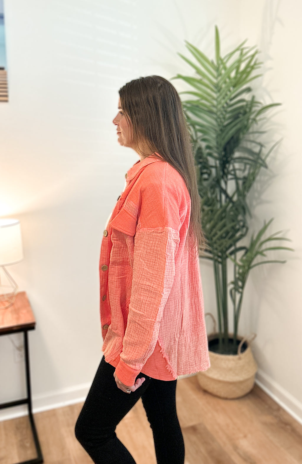 Coral Mineral Washed Oversized Gauze Shacket Jacket