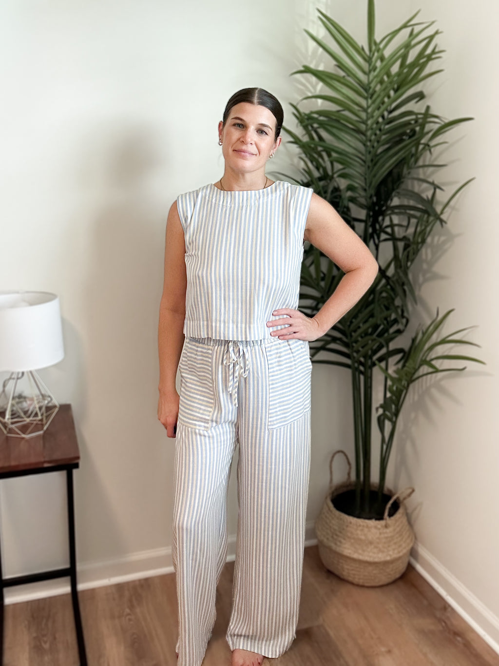 Bliss Stripe Sleeveless Blouse Wide Leg Pant Set