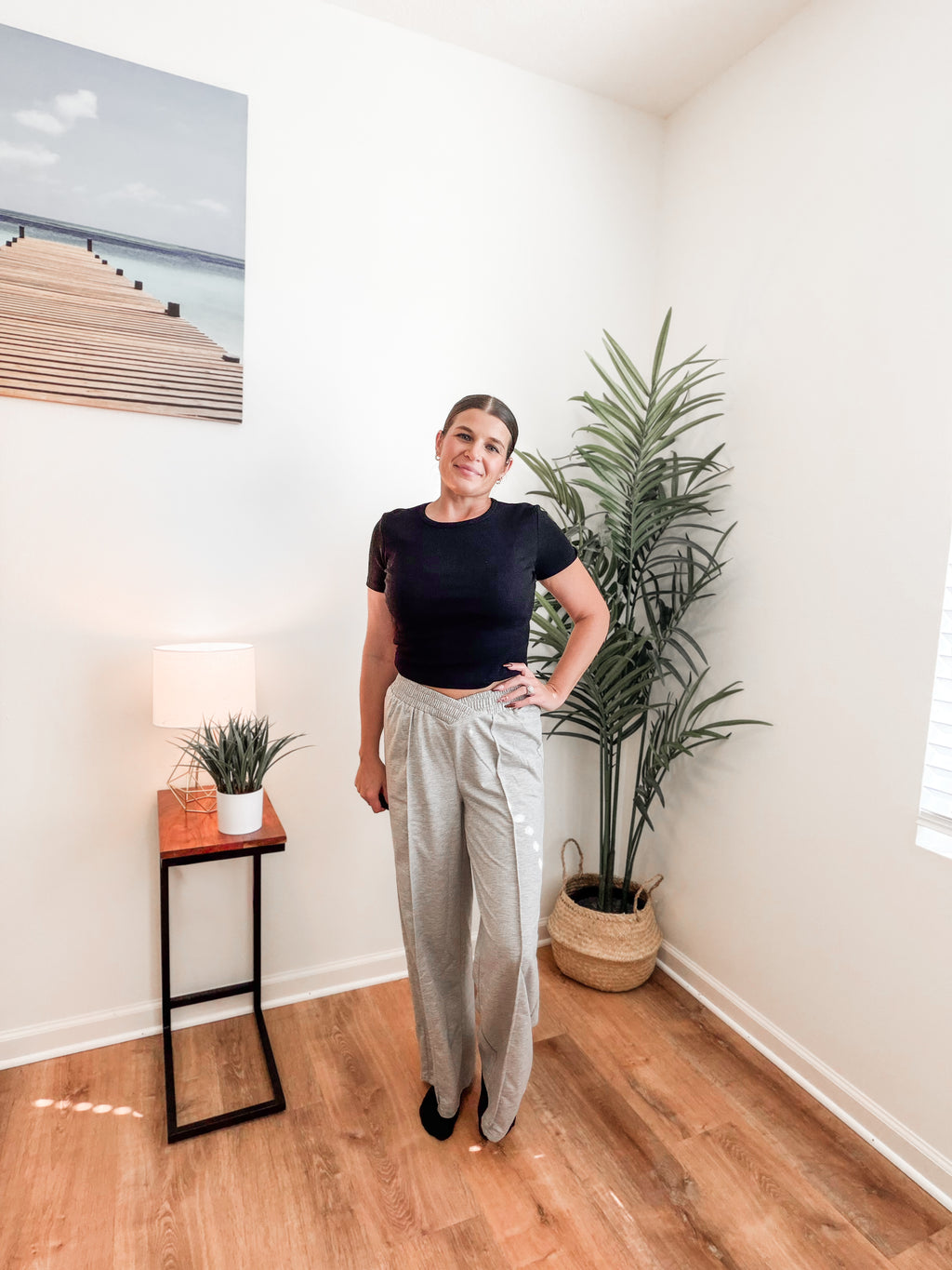 Emily Casual Elastic V-shaped High-waisted Splicing Wide-leg Pants