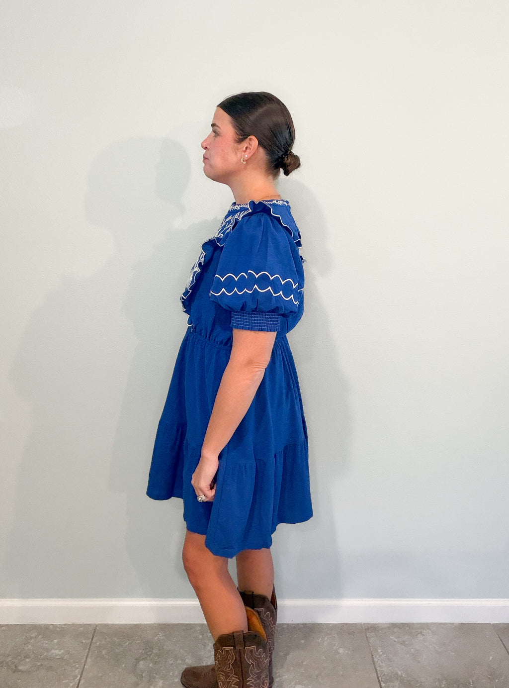 Stormy Sky Embroidered Round Neck Mini Dress