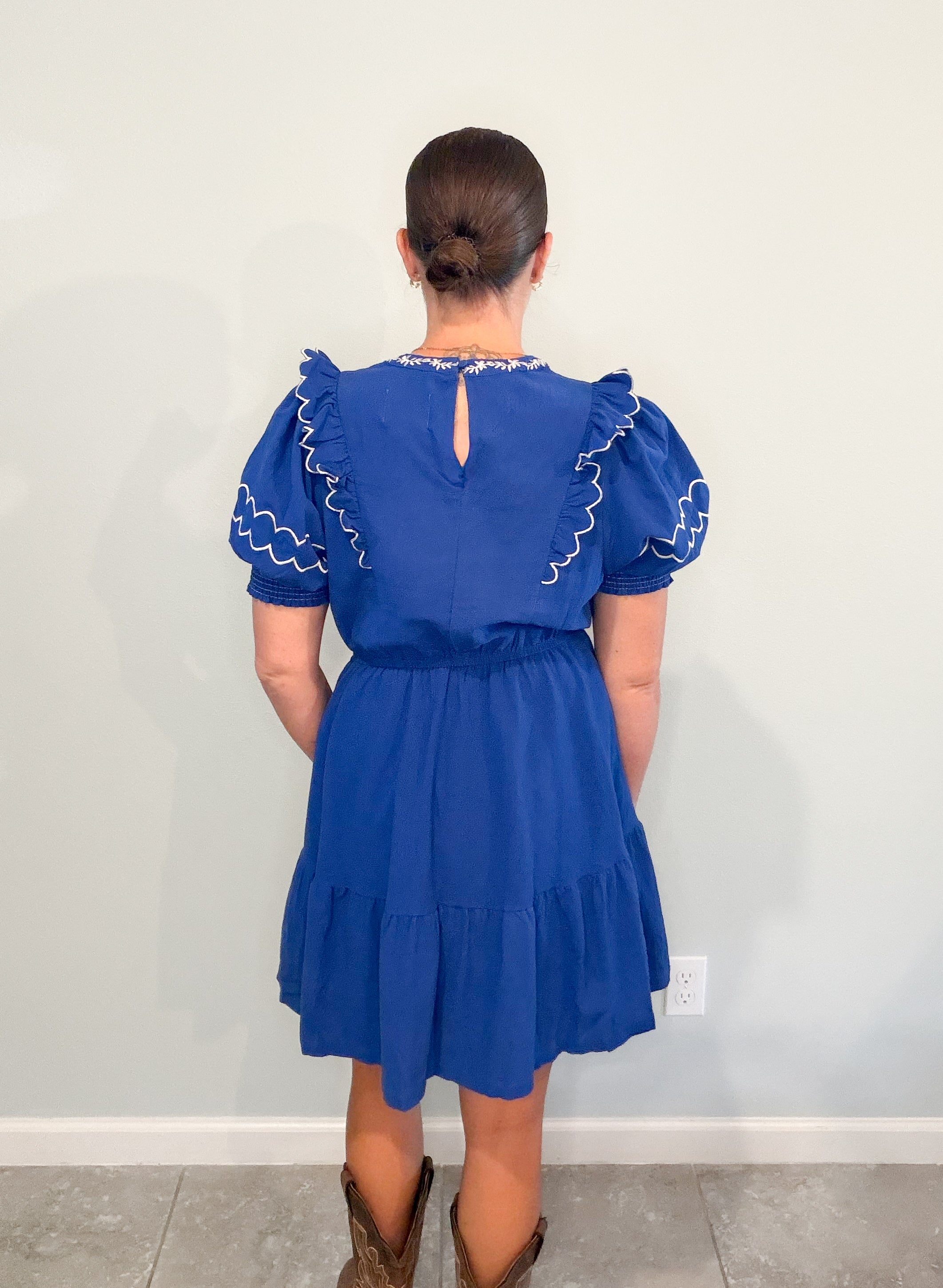 Stormy Sky Embroidered Round Neck Mini Dress