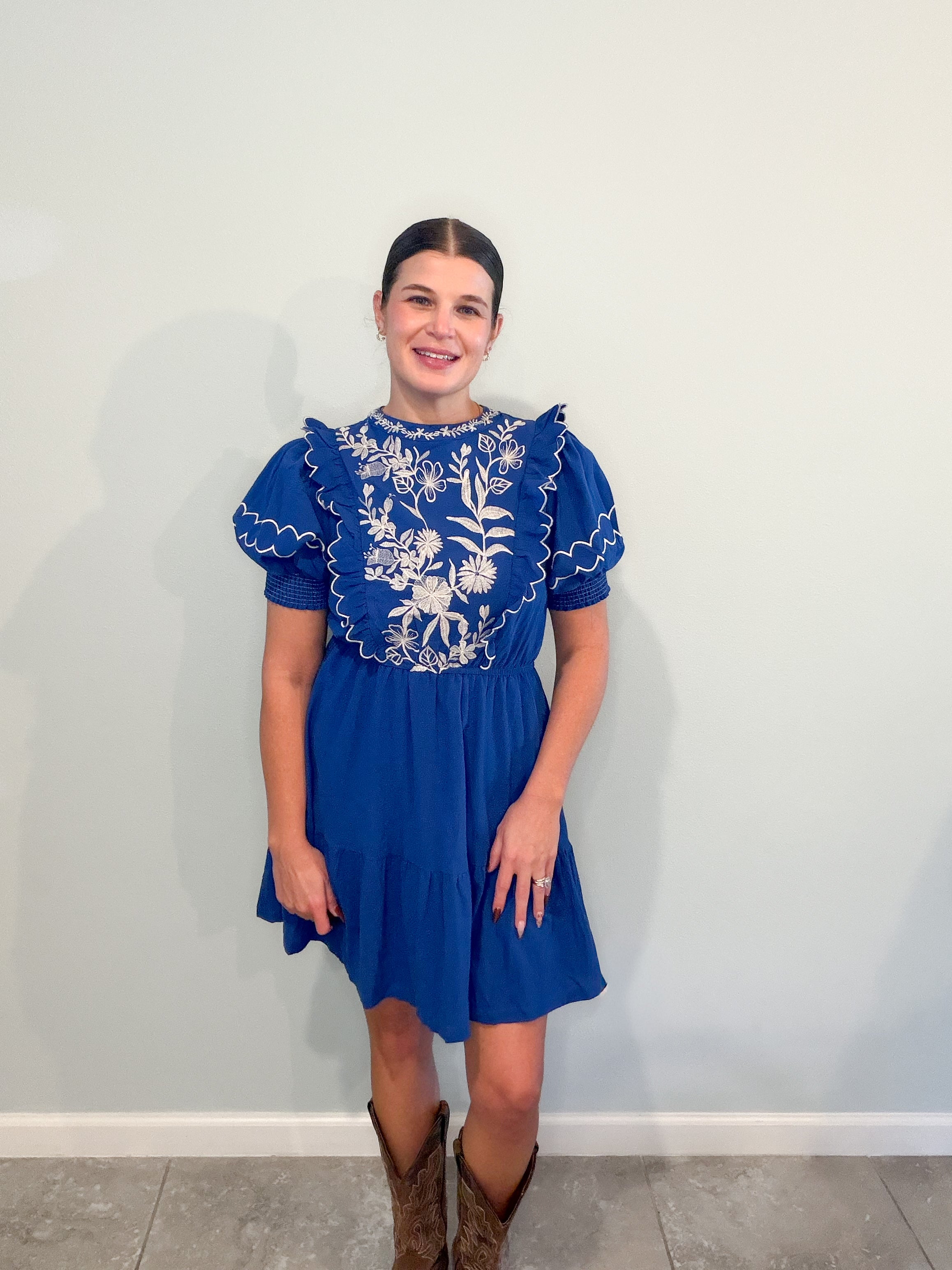 Stormy Sky Embroidered Round Neck Mini Dress