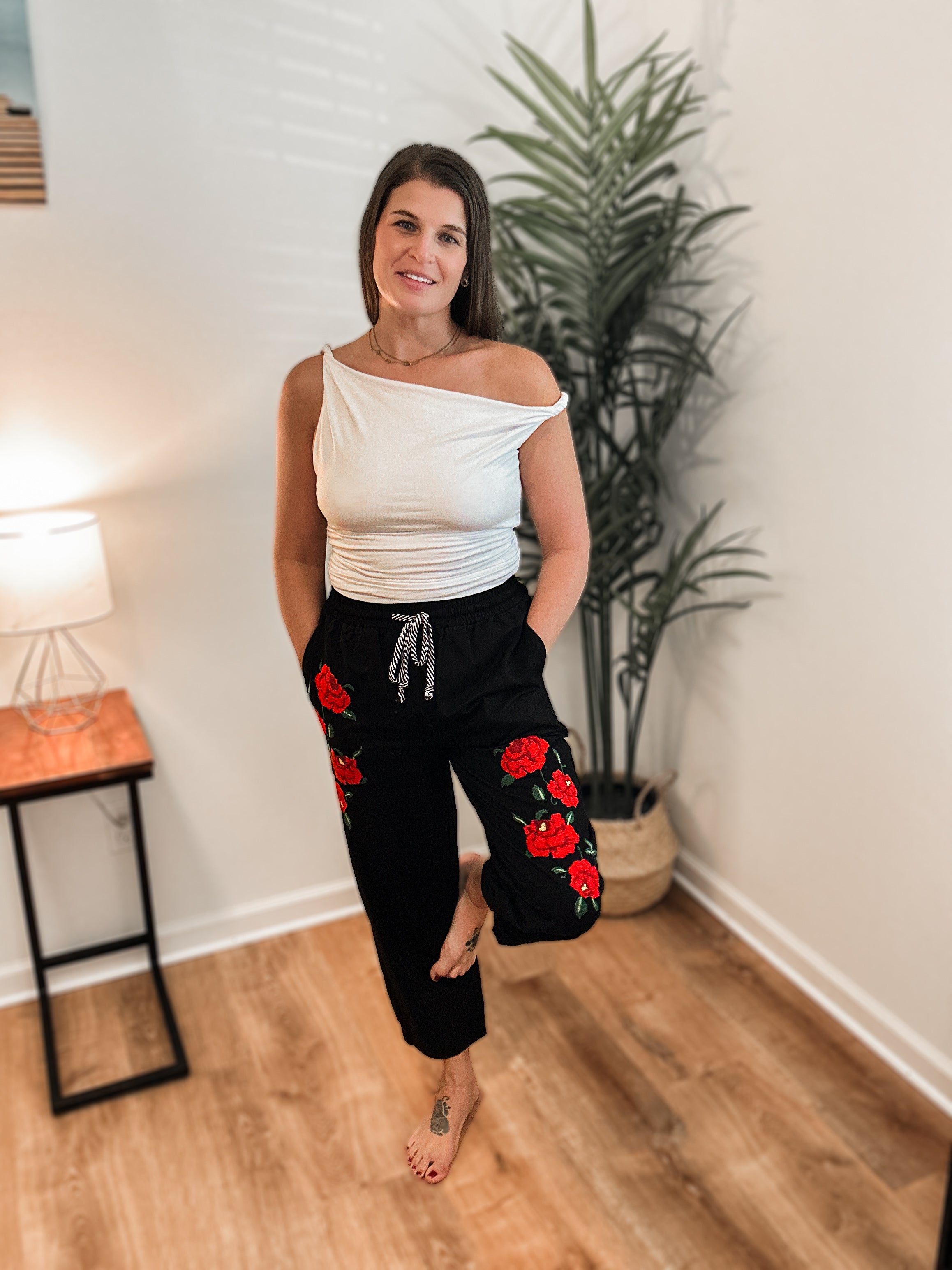 Rossie Cotton Jogger Pants with Rose Embroidery