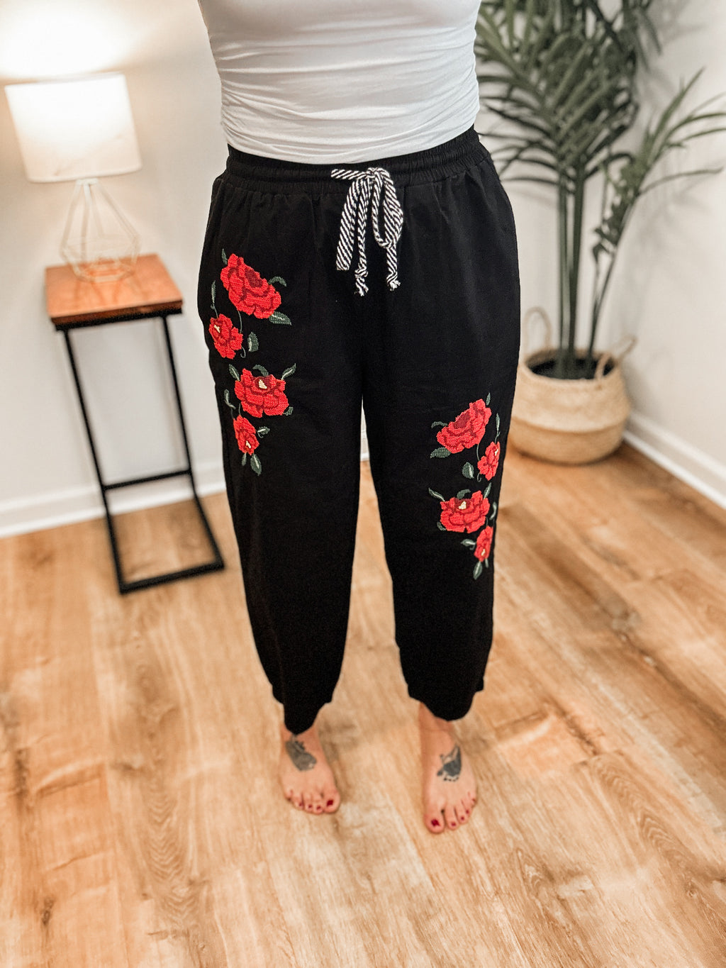 Rossie Cotton Jogger Pants with Rose Embroidery