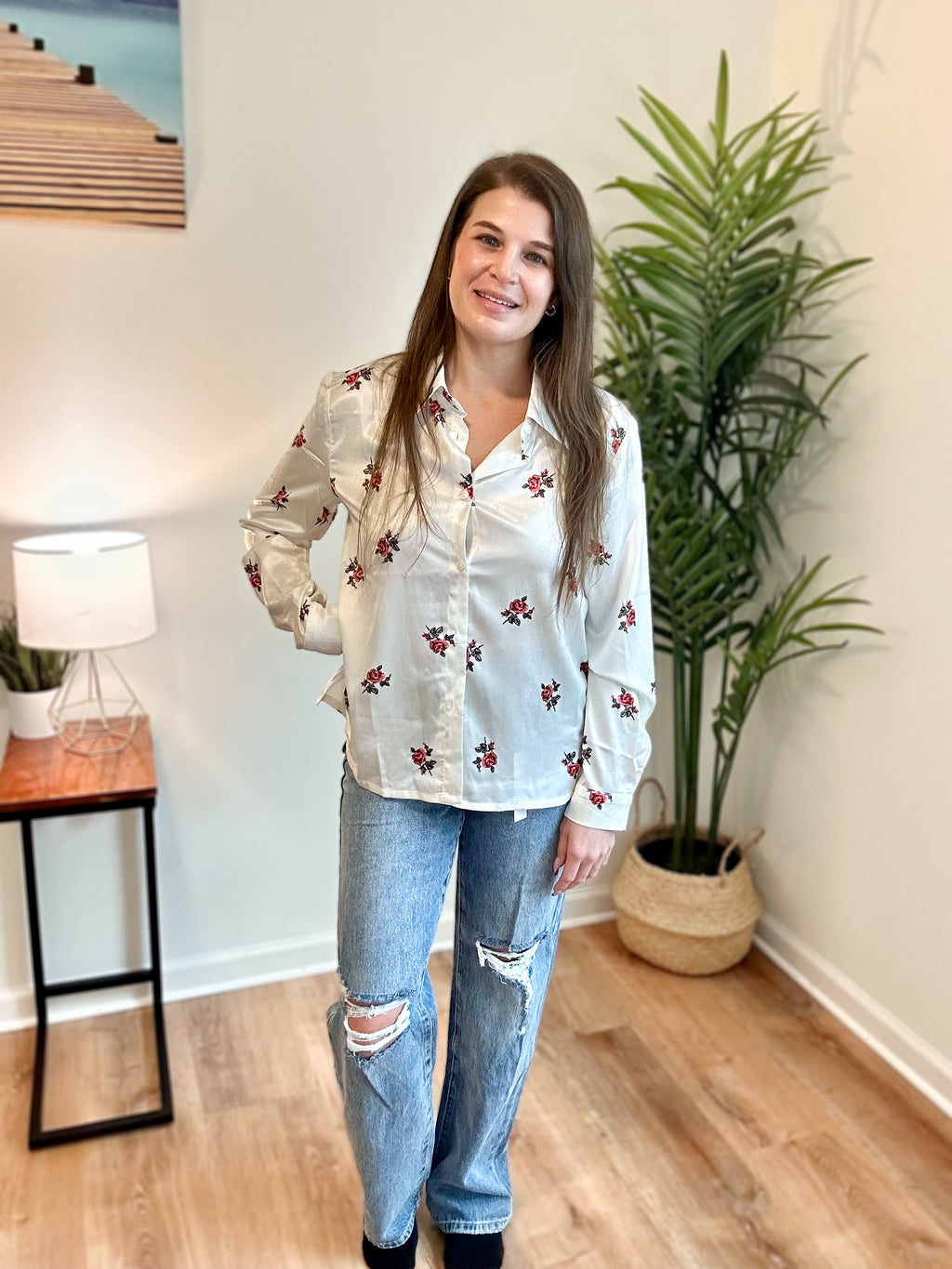 Rose Print Satin Button-Up Blouse