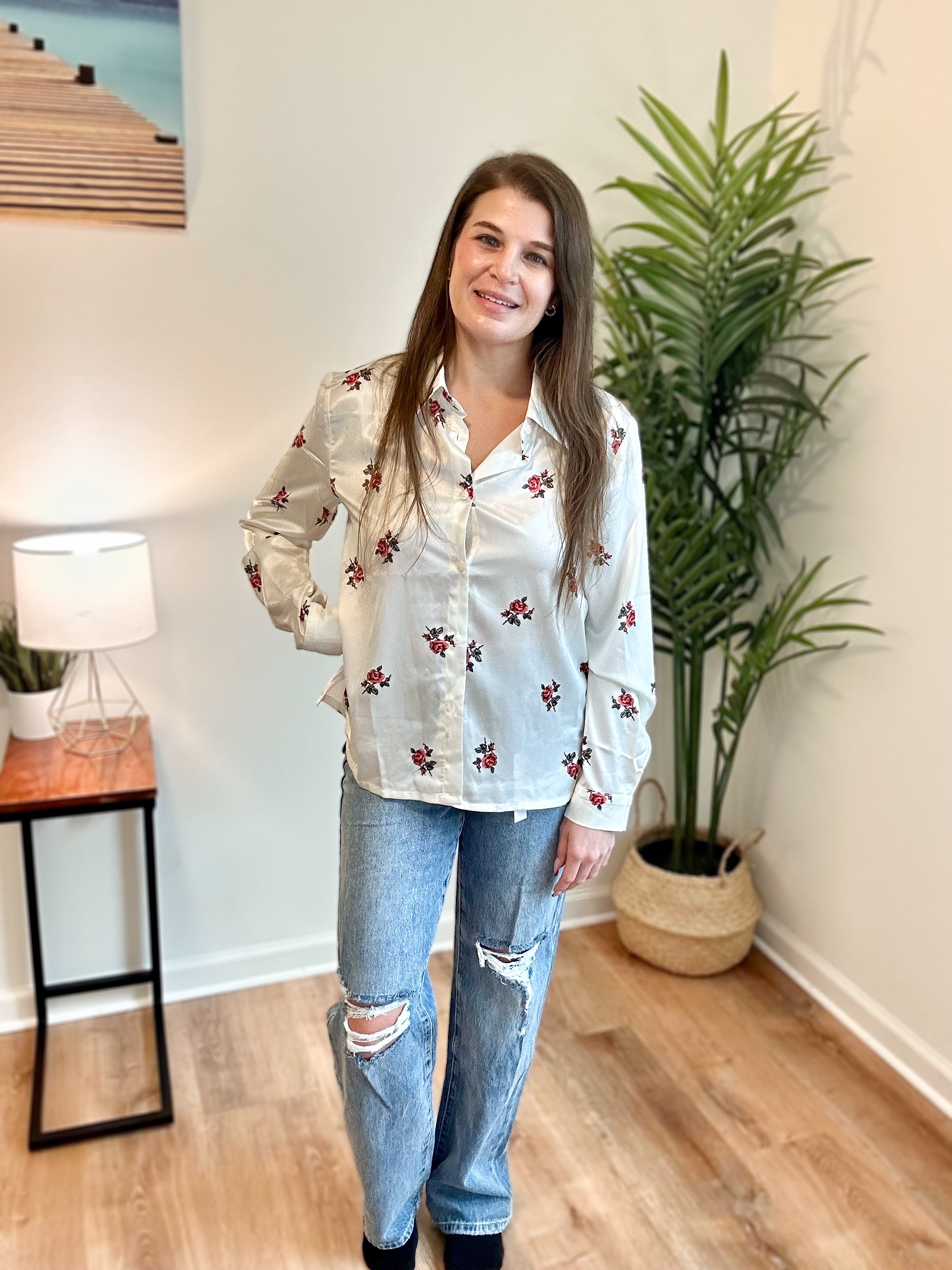 Rose Print Satin Button-Up Blouse