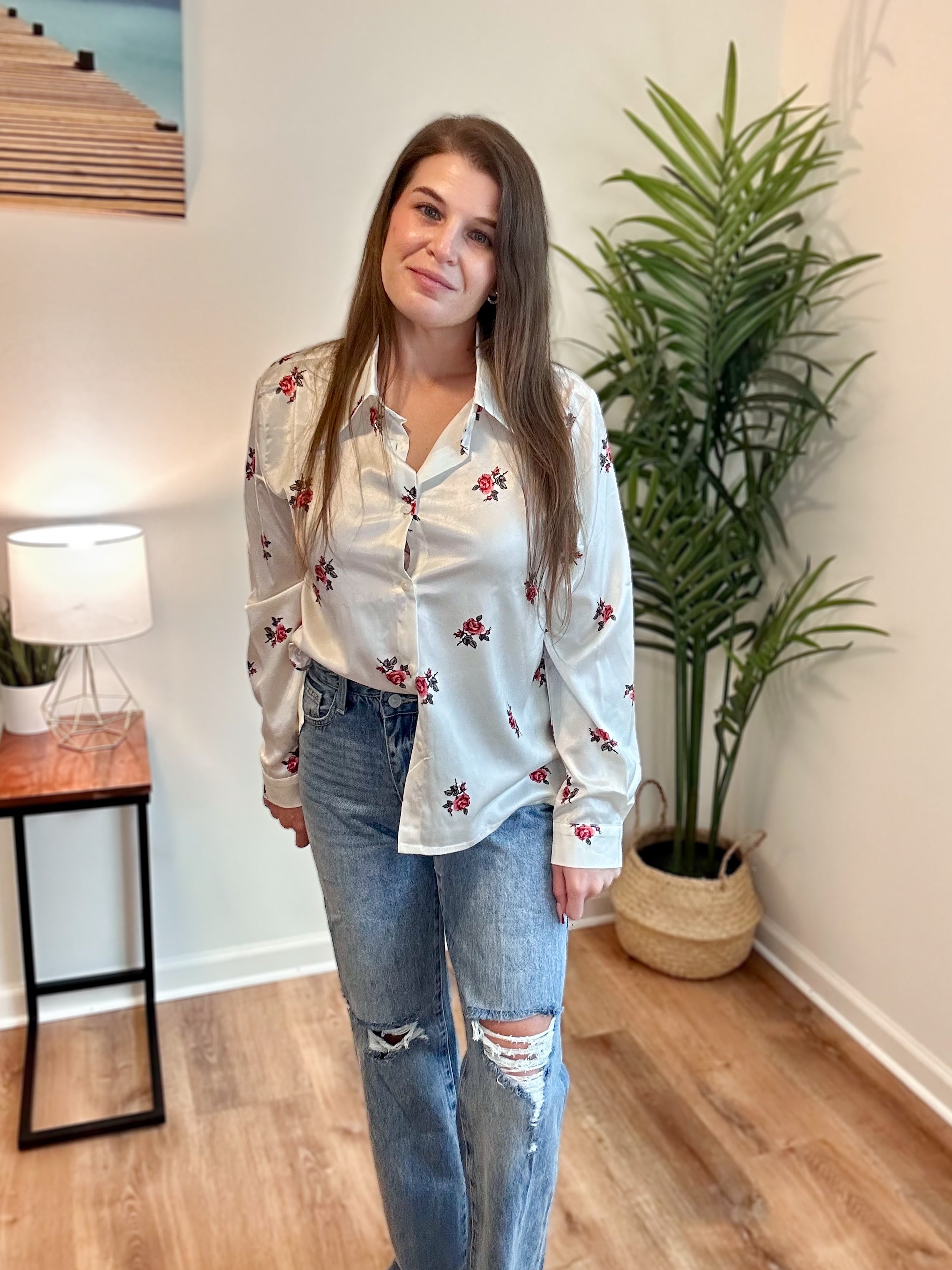 Rose Print Satin Button-Up Blouse